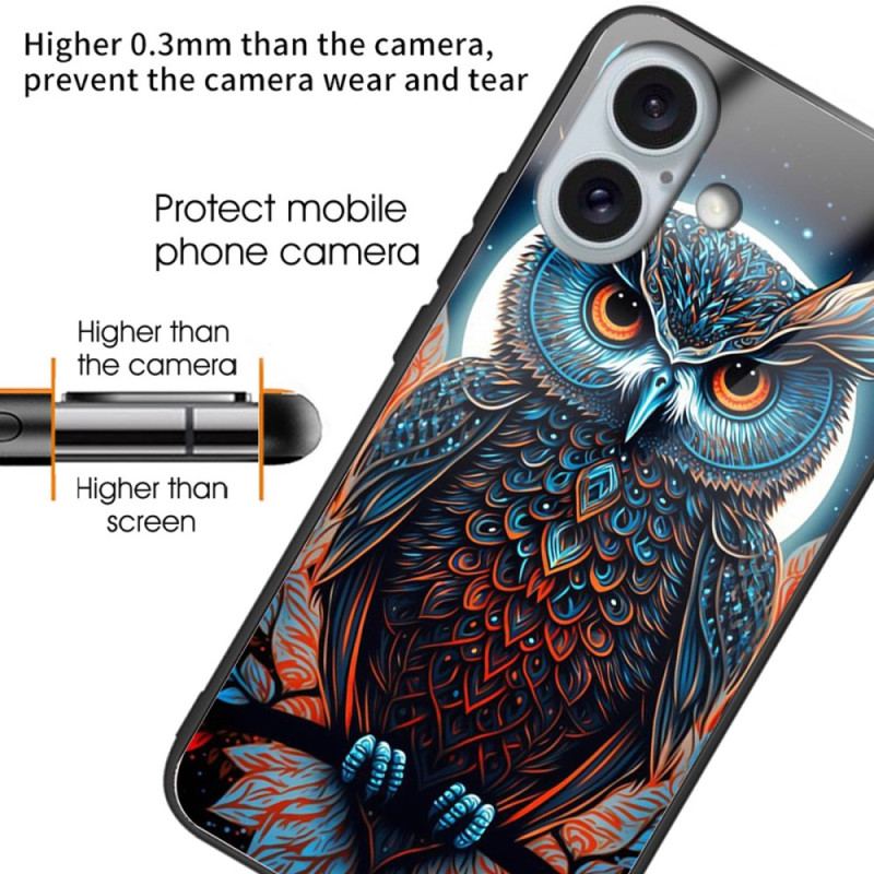 Etui Do iPhone 16 Plus Artystyczne Szkło Hartowane W Kształcie Sowy