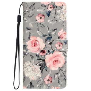 Etui Folio Do iPhone 16 Pro Różowe Kwiaty Na Szarym Tle Z Paskiem