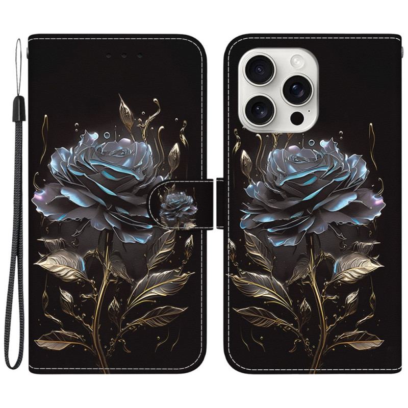 Etui Folio iPhone 16 Pro CZarna Róża Z Paskiem