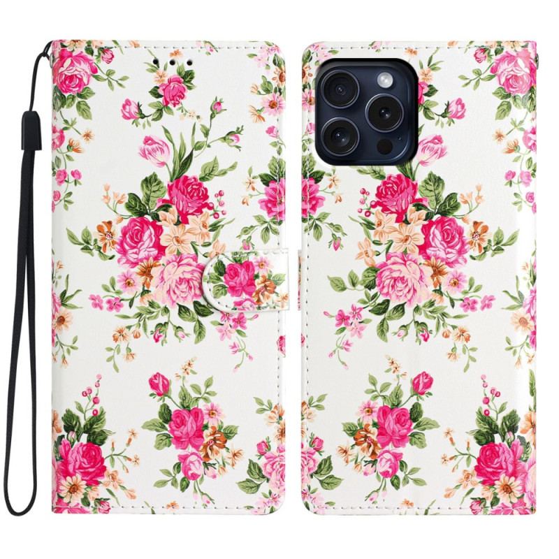 Etui Folio iPhone 16 Pro CZerwone Kwiaty Z Paskiem