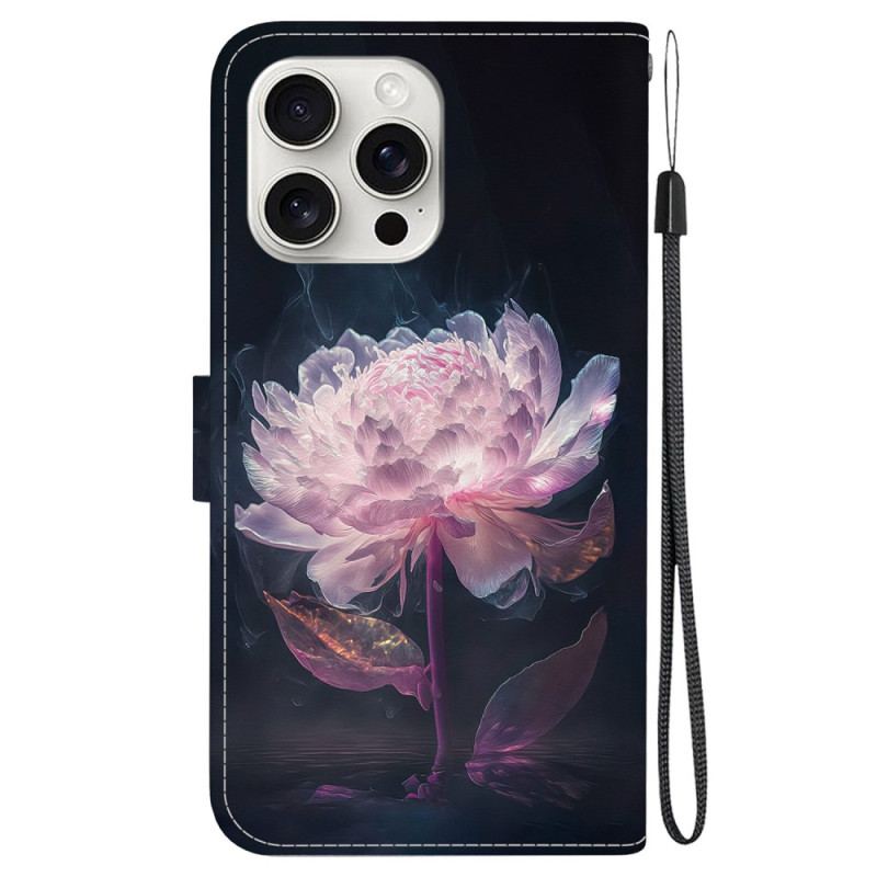 Etui Folio iPhone 16 Pro Fioletowa Piwonia Z Paskiem Etui Ochronne