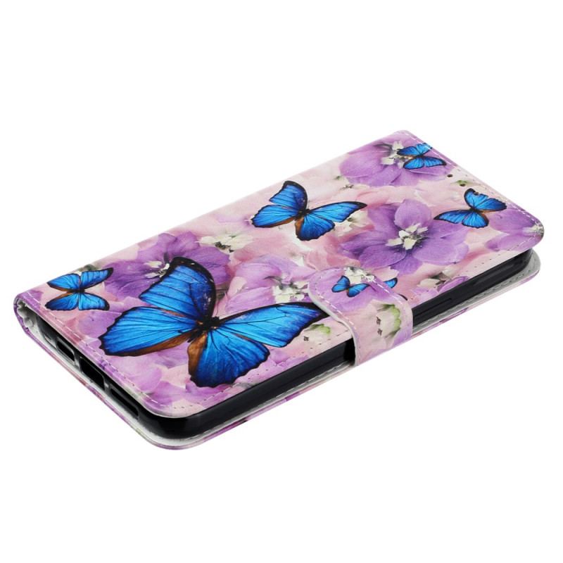 Etui Folio iPhone 16 Pro Niebieskie Motyle I Fioletowe Kwiaty Z Paskiem Etui Ochronne