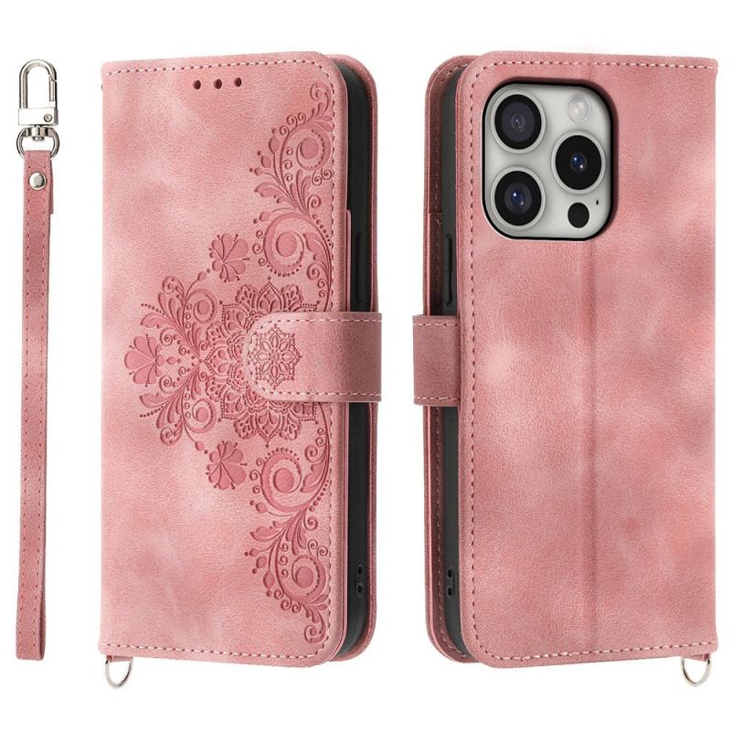 Etui Folio iPhone 16 Pro Wzór Koronki Z Paskiem I Paskiem Na Ramię Etui Ochronne