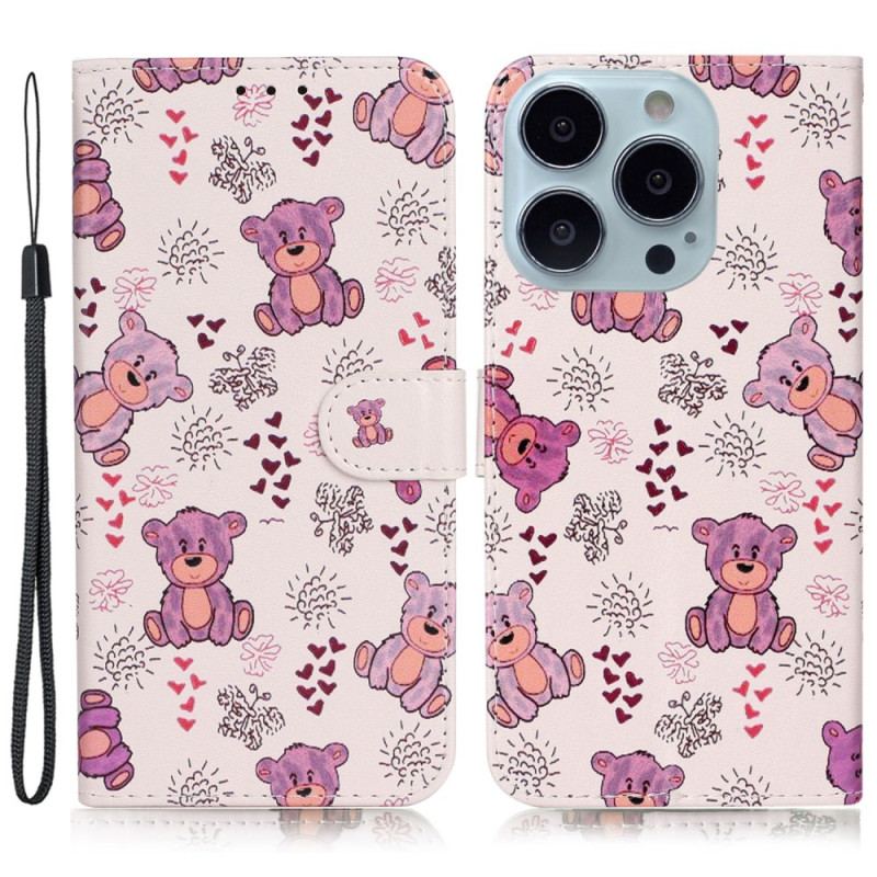 Etui Folio iPhone 16 Pro Wzór Pluszowego Misia Z Paskiem Etui Ochronne