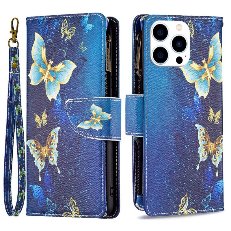 Etui Folio iPhone 16 Pro Złote Motyle Z Paskiem Etui Ochronne