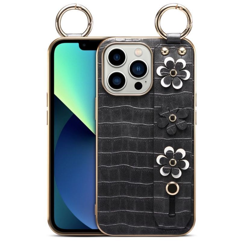 Etui do iPhone 13 Pro Skórzany Pasek W Kwiaty