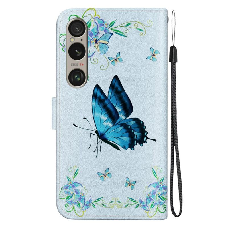 Etui Folio Sony Xperia 1 Vi Niebieski Motyl I Kwiaty Z Paskiem