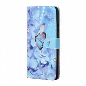 Etui Folio do Samsung Galaxy A13 5G / A04s z Łańcuch Diamentowe Motyle Na Ramiączkach