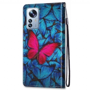 Etui Folio do Xiaomi 12 Pro Niebieskie I Różowe Motyle