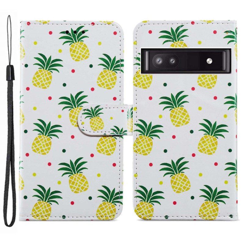 Skórzany Futerał do Google Pixel 7A z Łańcuch Paskowaty Ananas